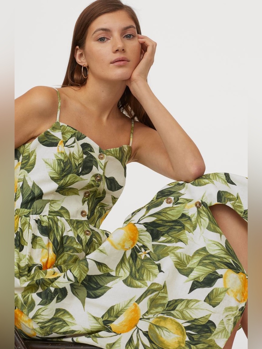 H&M White Midi Dress with Green Leaf & Yellow Lemon Print